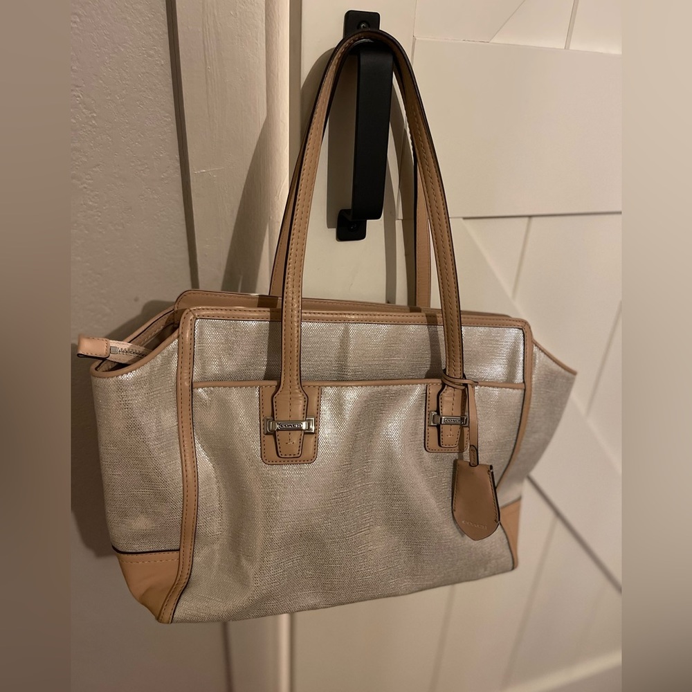Coach Taylor Alexis Carryall Tote Satchel Bag Purse Silver Canvas Camel Leather